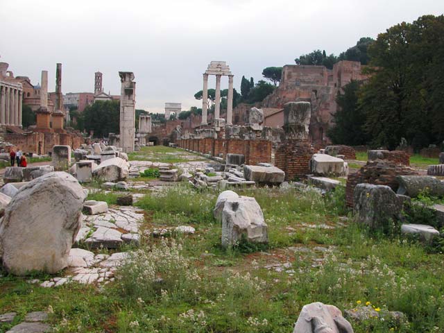 La Basilica Giulia con a sinistra il Tempio di Antonino e Faustina e le Colonne Onorarie; in fondo il Tempio di Vesta, l'Arco di Tito e il Tempio dei Castori; a destra il Palatino