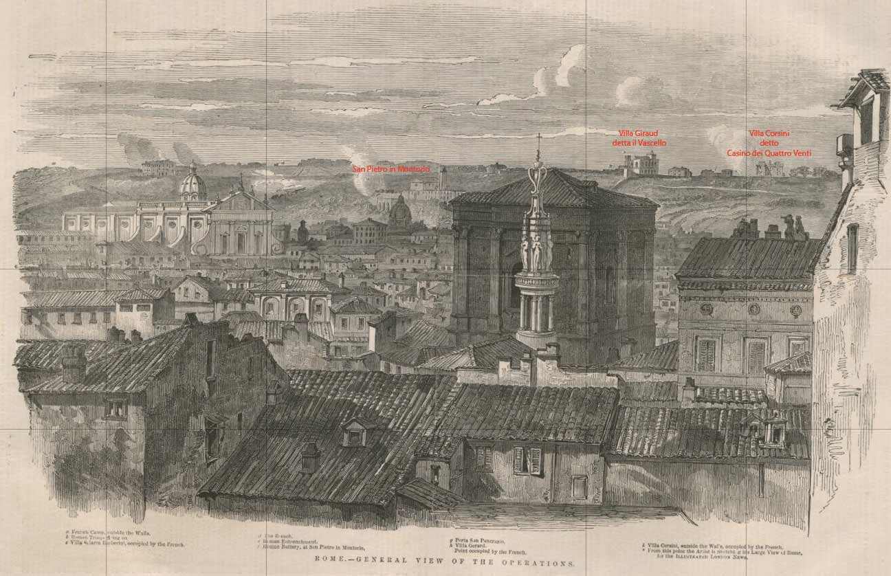 Vista generale delle operazioni dell'assedio di Roma dal London Illustrated News del 1849. In primo piano il campanile di Sant'Andrea delle Fratte del Borromini.