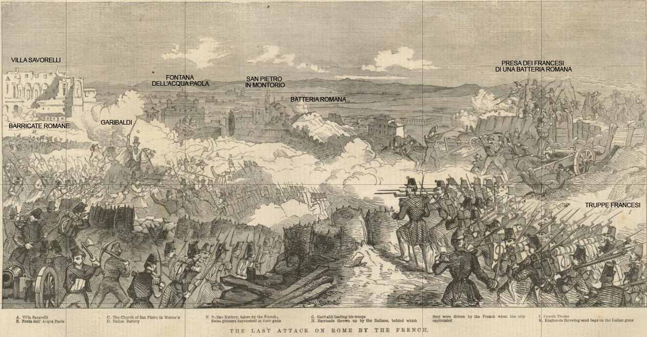 La difesa di Porta San Pancrazio delle truppe di Garibaldi dall'attacco dei francesi.