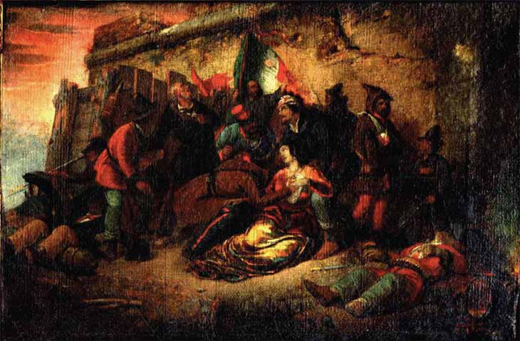 la morte di Colomba Antonietti in una tela di Gerolamo Induno, pittore e patriota fu ferito da 27 colpi di baionetta a Villa Sciarra.